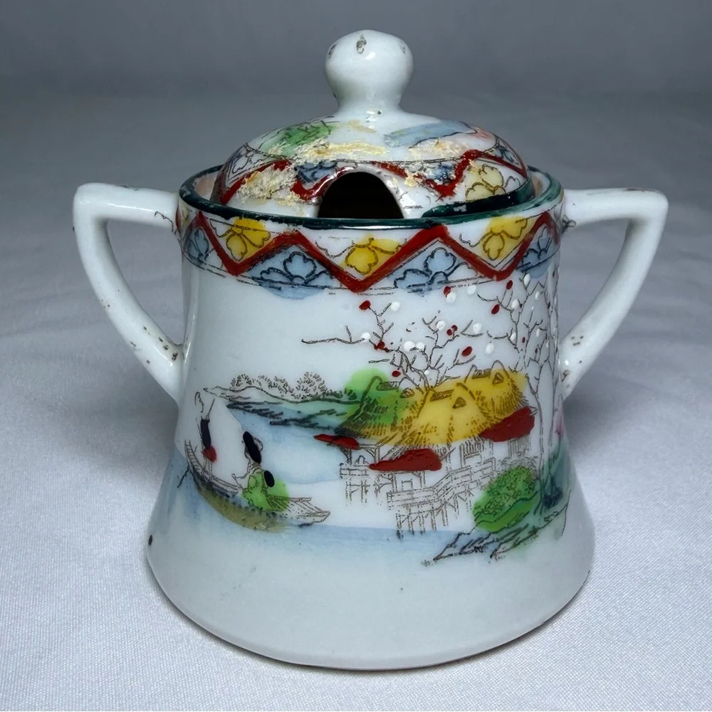 Antique Porcelain Nippon Mini Sugar Bowl Hand-Painted Japanese Scenic Geisha Art